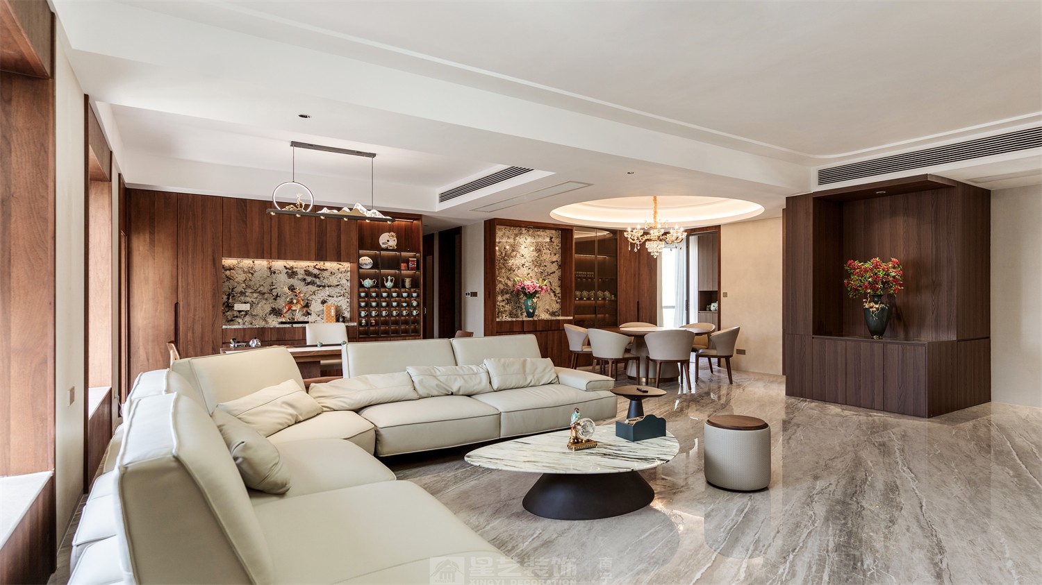 東方皇城260平簡(jiǎn)約中式客餐廳完工裝修實(shí)景圖